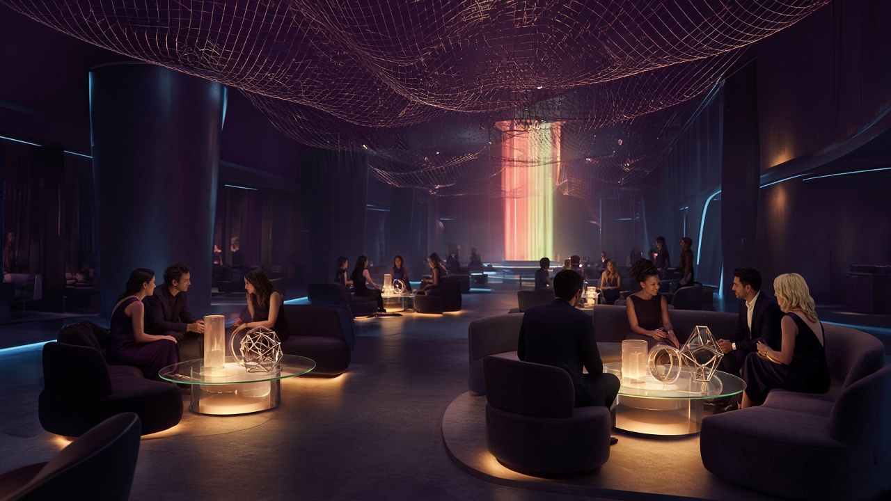 Guests gathering in the NetGrappleBurst mesh hall under a burst of warm light